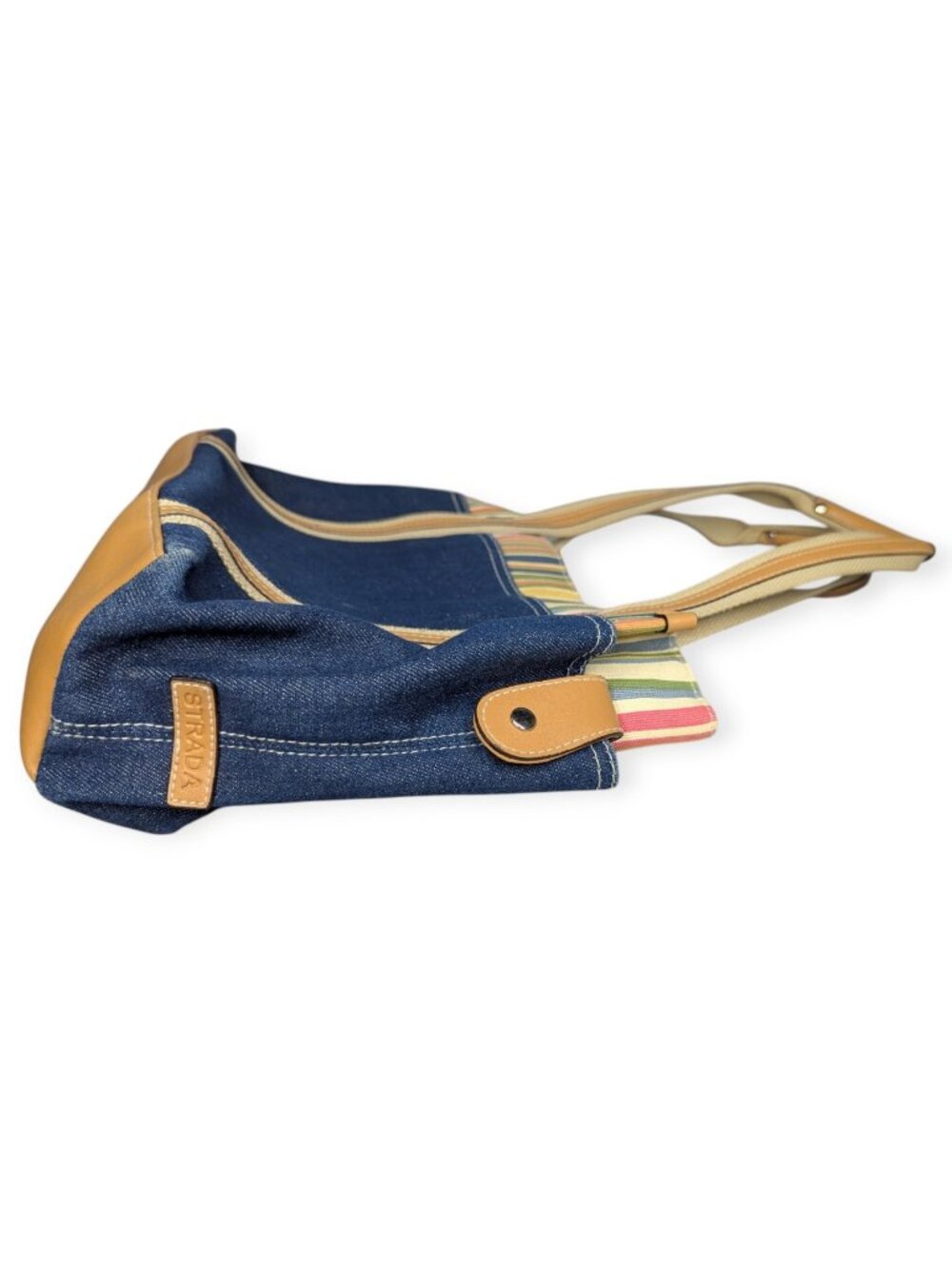 Denim & Tan Cotton Canvas Tote Multi-Stripe Trim Double Hand1es 3" x 9" x 5.5" - Picture 3 of 15